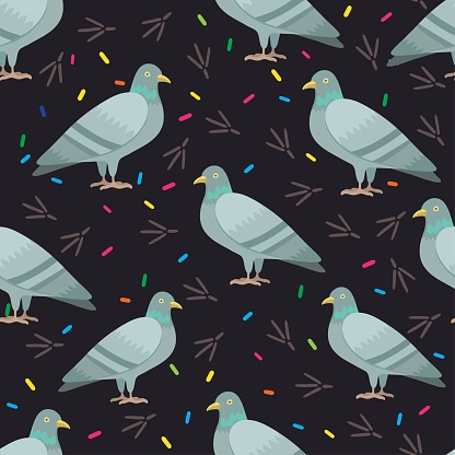 Seamless pattern with cute cartoon pigeons. Vector original illustration.