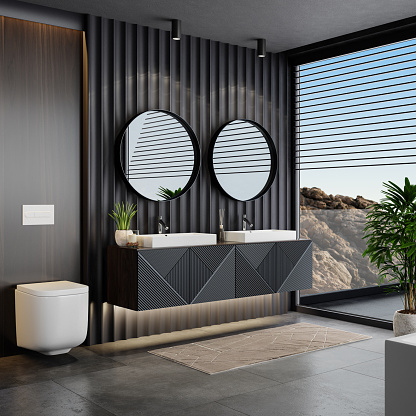 Luxurious bathroom with natural stone tiles and wood planks.