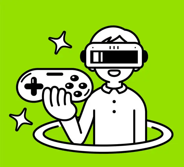 Vector illustration of A boy wearing a virtual reality headset or VR glasses pops out of a virtual hole and into the metaverse, holding a game controller, looking at the viewer, minimalist style, black and white outline