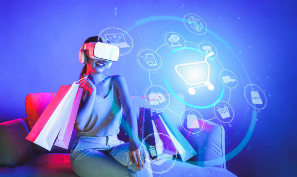 istock Female in metaverse enjoy opening interface online store menu. Hallucination. 2148343407
