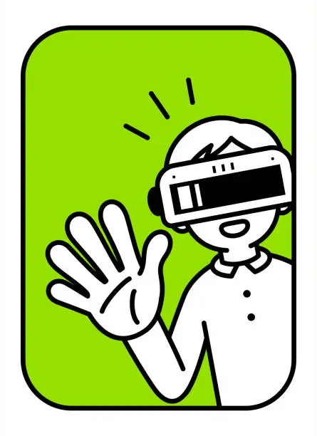 Vector illustration of A boy wearing a virtual reality headset or VR glasses pops out of a virtual hole and into the metaverse, he greets the viewer through the arc window or door, minimalist style, black and white outline