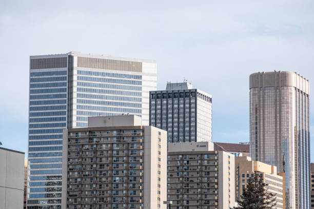 Picture of the Gatineau skyline in Quebec, Canada, with a focus on the building complexe of terrasses de la chaudiere. Les Terrasses de la Chaudière is a complex of government office buildings, home of several administrations such as the Indigenous and Northern Affairs, the Department of Canadian Heritage, the Canadian Transportation Agency and the Canadian Radio-television and Telecommunications Commission