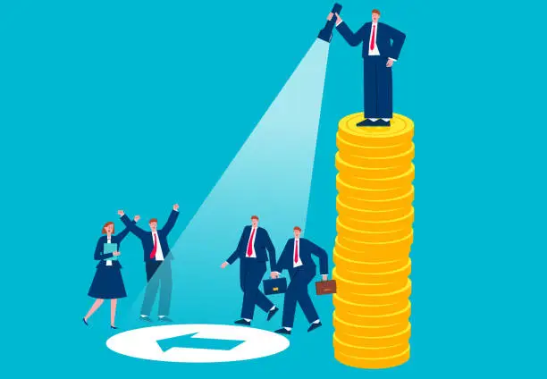 Vector illustration of Financial advisors, investment and money management guidance, career or business help and support, successful managers standing on tall piles of gold coins with flashlights giving business direction to their coworkers