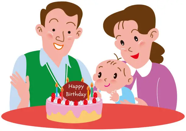 Vector illustration of Parents celebrating baby's birthday with birthday cake