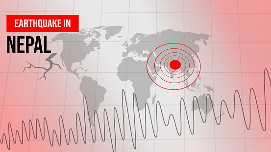 Earthquake in Nepal background with alarming red seismography and mark on the map, backdrop. Strong earthquake news concept design