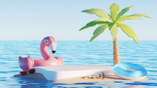 istock 3D render, minimal Summer background with empty podium or pedestal platform for showing product, cosmetic scene for mock up, beach swim elements decoration. 2148349465