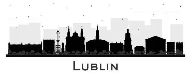 Vector illustration of Lublin Poland city skyline silhouette with black buildings isolated on white. Lublin cityscape with landmarks. Business and tourism concept with modern and historic architecture.