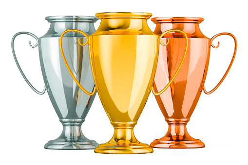 Golden, silver and bronze trophy cups, side view. 3D rendering isolated on white background