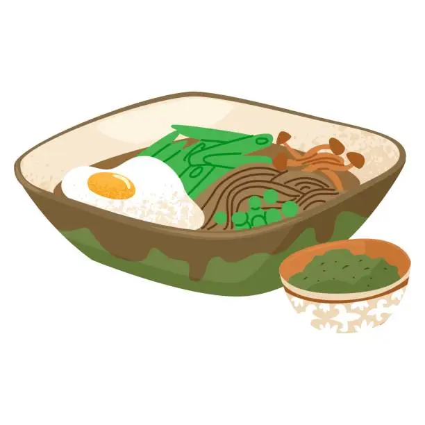 Vector illustration of Asian noodle soup with egg and mushrooms. Vegetarian vegetable dish. Vector illustration isolated on transparent background.