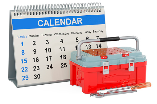 Toolbox with desk calendar, 3D rendering isolated on white background
