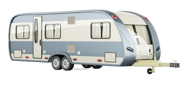 Travel trailer, camper trailer. 3D rendering isolated on white background