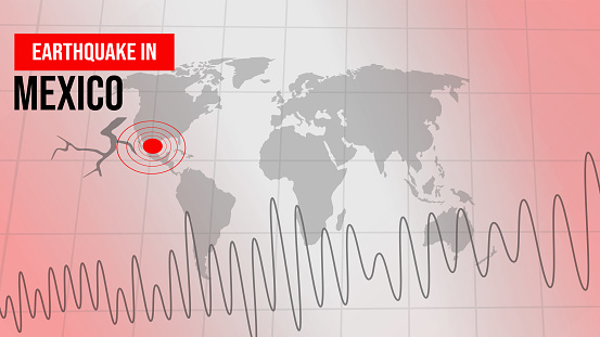 Earthquake in mexico background with alarming red seismography and mark on the map, backdrop. Strong earthquake news concept design