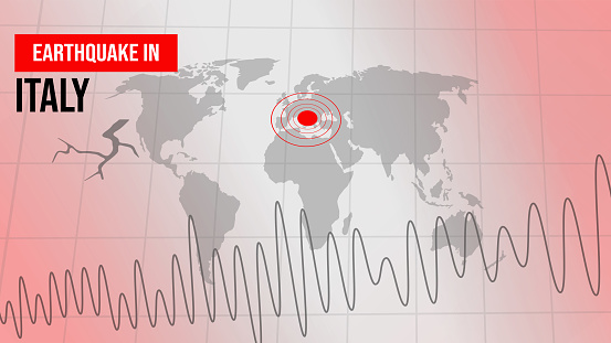 Earthquake in italy background with alarming red seismography and mark on the map, backdrop. Strong earthquake news concept design