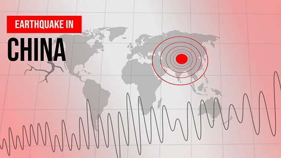 Earthquake in china background with alarming red seismography and mark on the map, backdrop. Strong earthquake news concept design
