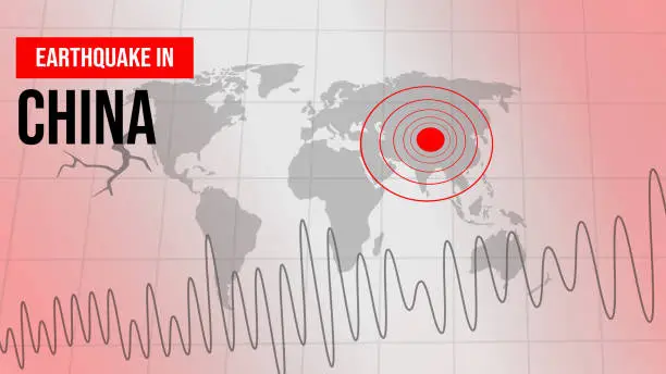 Vector illustration of Earthquake in china background with alarming red seismography and mark on the map, backdrop. Strong earthquake news concept design