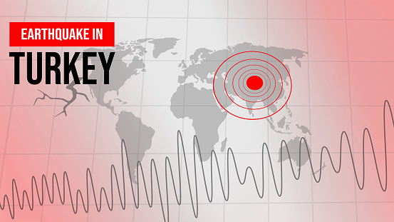 Earthquake in Turkey background with alarming red seismography and mark on the map, backdrop. Strong earthquake news concept design