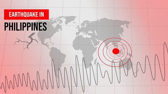 Earthquake in Philippines background with seismography line and typography. Red alarming color gradient earthquake concept