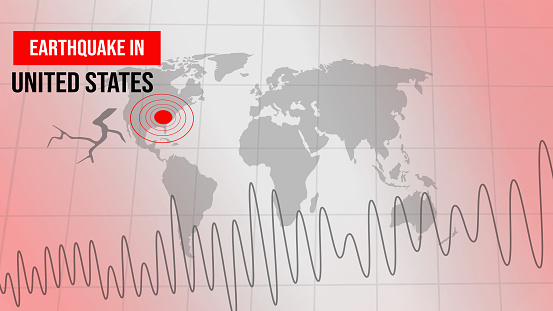 Earthquake in USA background with alarming red seismography and mark on the map, backdrop. Strong earthquake news concept design