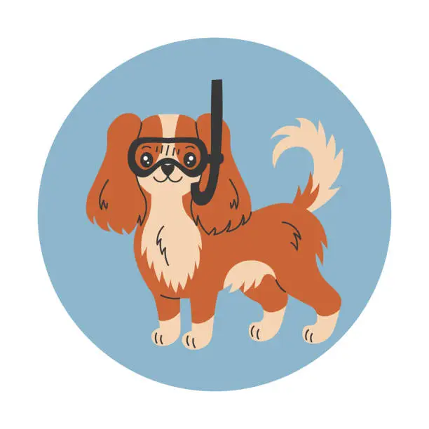 Vector illustration of Spaniel dog wearing diving mask glasses and snorkel