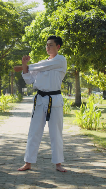 Taekwondo Practitioner Warming up in City Park
