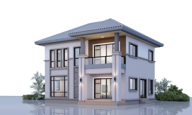 istock Architecture 3d rendering illustration of modern minimal house on white background 2148352647