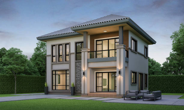 istock Modern house exterior evening view with lawn grass.3d rendering 2148352649