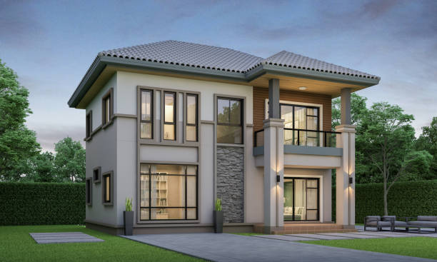 istock Modern house exterior evening view with lawn grass.3d rendering 2148352651