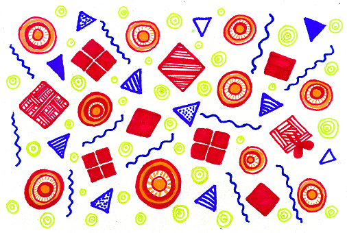Abstraction from geometric colored shapes on a white background. Red, blue, orange, light green colors. Circles, triangles, squares, rhombuses, wavy lines and dots. Wrapping paper.