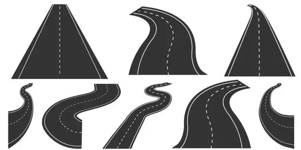 Vector illustration of Roads in perspective, bended pathway road curved , highway isolated vector set