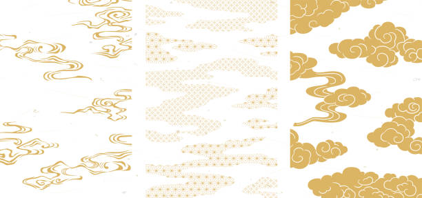 felhők és japán mintás háttérgyűjtemény. - kínai kultúra témájú stock illusztrációk
