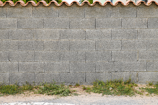 street brick gray cinder block cement wall with roof tiles and floor plants background