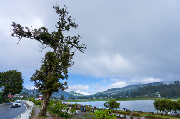 Lake Gregory, Sri Lanka - Jan. 28, 2024: A tranquil lake under a clear blue sky with visitors strolling and boating along the shore. The distant mountains add to the scenic beauty.
