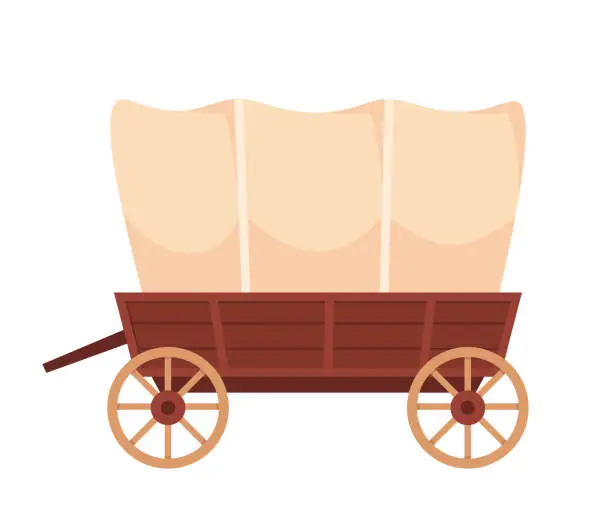 Vector illustration of Wooden wagon. Covered tent wagon, farm handicraft vehicle, old cart or western wheelbarrow, wild west carriage, cowboy travel cart, ingenious vector illustration of cart for west farm.