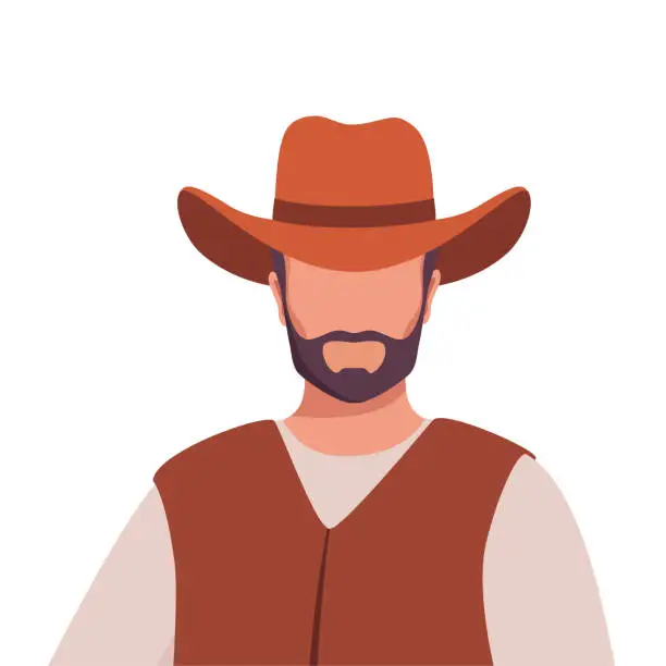 Vector illustration of Portrait of happy smiling cowboy in hat standing in retro western outfit. American man from wild west. Flat vector illustration isolated on white background.