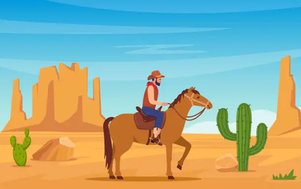 Vector illustration of Desert landscape with cowboy on horse, mountains, cactuses. Wild West Texas in flat style. Western scene. Wild West Arizona. Vector illustration.