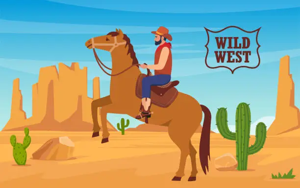 Vector illustration of Desert landscape with cowboy on horse, mountains, cactuses. Wild West Texas in flat style. Western scene. Wild West Arizona. Vector illustration.