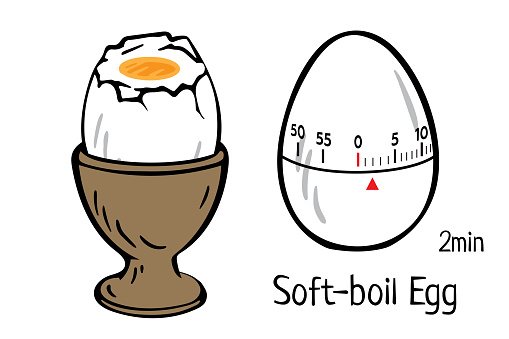 soft-boiled egg, egg timer recipe. detailed infographic egg soft boiling instructions for  magazine, recipe book, poster, cookbook, menu design. Vector doodle illustration isolated on white background