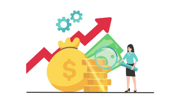 Business woman working on maximizing the ROI of business. Return on investment and finance strategy concept. Businesswoman holding magnifying glass with money coin and dollar cash. Cartoon design
