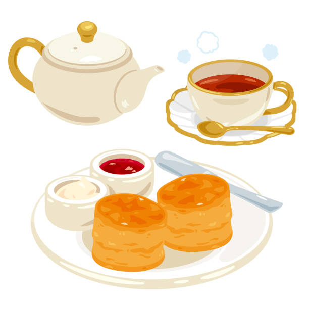 Scones and hot tea on a plate Set Scones and hot tea on a plate Set clotted cream stock illustrations