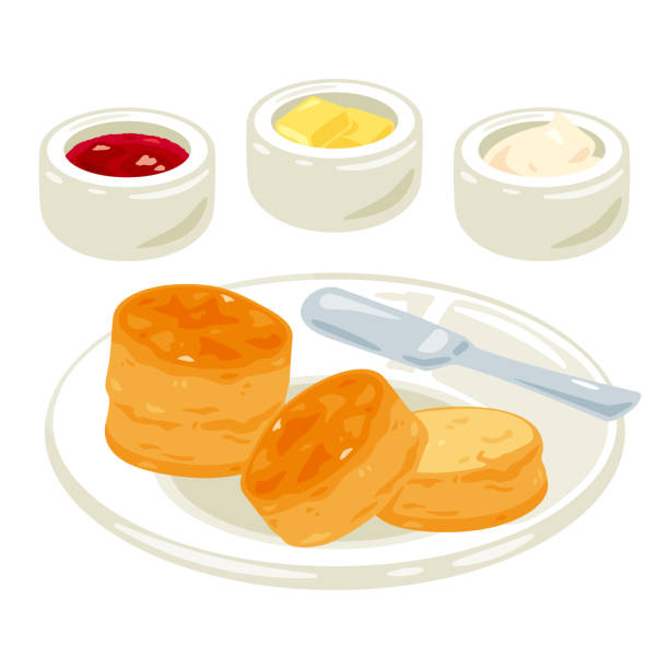 Scones and jam on a plate Set Scones and jam on a plate Set clotted cream stock illustrations