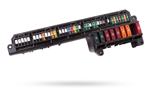 Automotive fuses box in different colors and each color is responsible for the specific value of the protection defined in amperes. Catalog of spare parts.