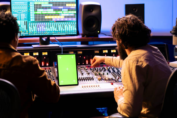 istock Singer and audio expert working with isolated screen on gadget 2148357415
