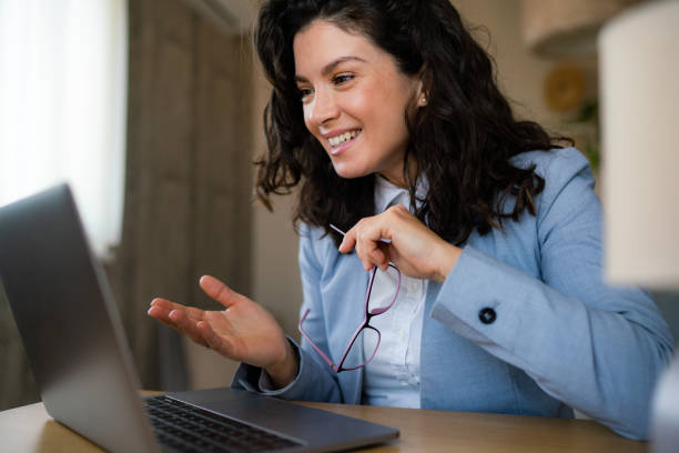 istock Business woman on a video call from a laptop 2148357467
