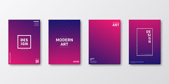 Set of four vertical brochure templates with modern and trendy backgrounds, isolated on blank background. Abstract illustrations with dots and beautiful color gradient in a dotted style (colors used: Red, Pink, Purple, Blue). Can be used for different designs, such as brochure, cover design, magazine, business annual report, flyer, leaflet, presentations... Template for your own design, with space for your text. The layers are named to facilitate your customization. Vector Illustration (EPS file, well layered and grouped). Easy to edit, manipulate, resize or colorize. Vector and Jpeg file of different sizes.