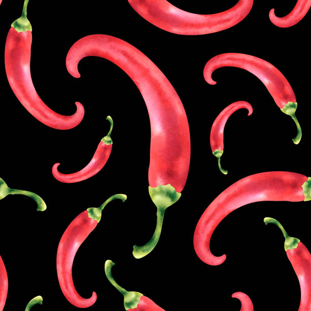 watercolor seamless pattern with vegetable red hot chili pepper close-up on a black background. healthy vegetables. spicy dishes. hand-drawn illustration. clipart for designers, printing on fabric. - nature close up backgrounds botany stock-grafiken, -clipart, -cartoons und -symbole