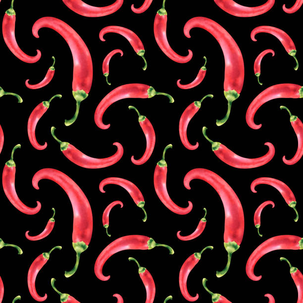 watercolor seamless pattern with vegetable red hot chili pepper close-up on a black background. healthy vegetables. spicy dishes. hand-drawn illustration. clipart for designers, printing on fabric. - nature close up backgrounds botany stock-grafiken, -clipart, -cartoons und -symbole