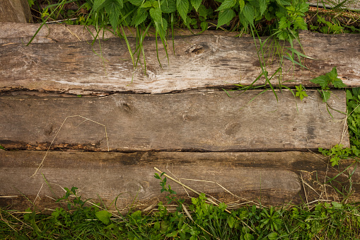 Wooden boards lie on the grass