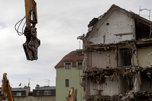 Belgrade, Serbia, May 28, 2019: A demolition process of a disused building in Zemun.