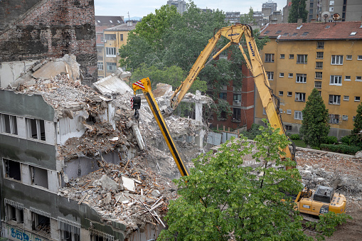Belgrade, Serbia, May 15, 2019: A demolition process of a disused building in Zemun.