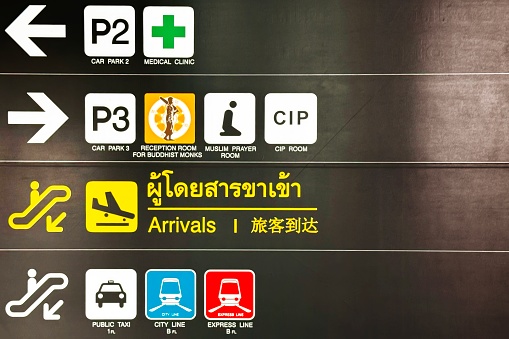 Signage at an airport shows the way to essential services like parking, medical aid, restrooms, VIP lounges, and arrivals, in multiple languages, ensuring a smooth transit for travelers